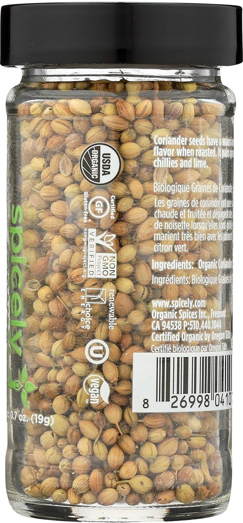 Spicely Organic Coriander Seeds Whole, 0.70 Ounce Jar, Certified Gluten Free