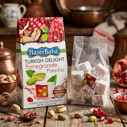 3.5oz (Pack 1), Hazer Baba Turkish Delight Pistachio Candy, Pomegranate Flavored, of Gourmet Snack Box, Traditional