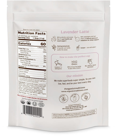 150g 5.3oz Organic Traditions Lavender Latte Calming Drink Mix, Caffeine Free Latte Blend with Lavender Powder, Tart