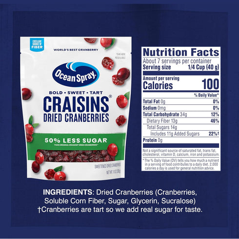 50% 10 Oz Ocean Spray Craisins, Less Sugar Dried Cranberries, Dried Fruit, Pouch