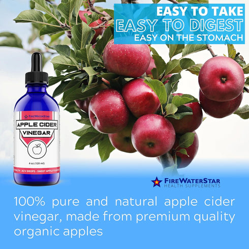 4oz FWS Apple Cider Vinegar - Apple Flavored ACV Supplement Drops - Organic, Non-GMO, Vegan, Keto - with Mother - Easy