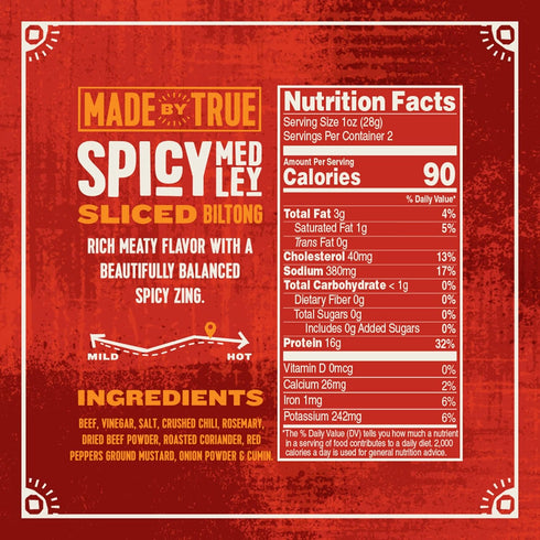 (2 oz, Pack 3) Whole30 Made by True Beef Sliced Bites Spicy Variety of - All Natural, Zero-Sugar True Jerky Biltong