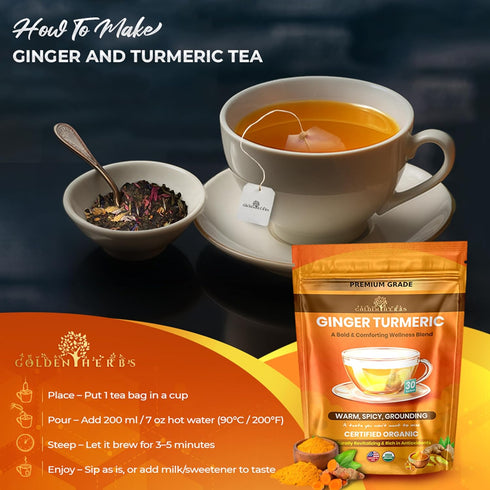 GOLDEN HERBS 30 Packed Organic Ginger Turmeric Tea USDA Organic Herbal Tea, Caffeine Free, Warming Wellness Blend