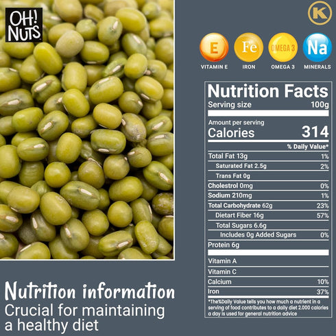 5lb Packed Pack Oh! Nuts Mung Beans Bulk Bag - Great Beans for Sprouting Dried Kosher Moong Dal - Vegan, Paleo, Long