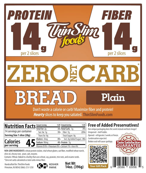 (Pack 2) ThinSlim Foods Zero Net Carb Keto Bread | Low Carb Bread | Protein Bread | Plain