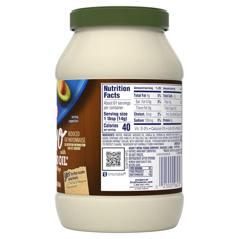 Kraft 30 oz Mayo with Avocado Oil Reduced Fat Mayonnaise - Classic Creamy Condiment for Sandwiches and Salads, Made