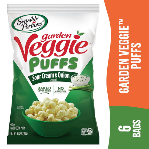 3.75 6-Pack Sensible Portions Veggie Puffs, Sour Cream & Onion Flavor, Gluten-Free Chips, Ounce Bag