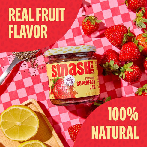 Smash Foods 17.5 oz Strawberry Superfood Fruit Spread, No Sugar Added, Keto Jam with Chia Seeds, Vegan, Low-Calorie