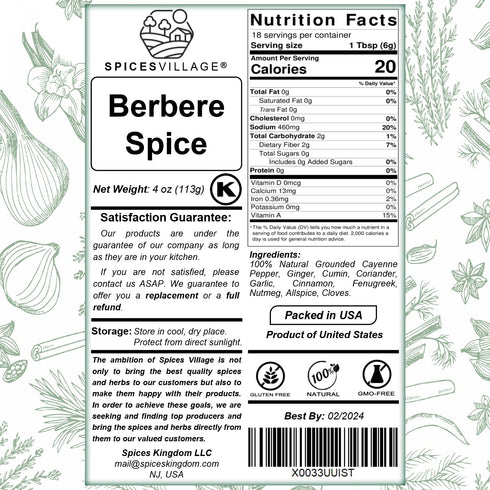 SPICES VILLAGE Berbere Spice Blend, 4 oz - Authentic Ethiopian Seasoning Mix, Kosher, Gluten Free, Non GMO