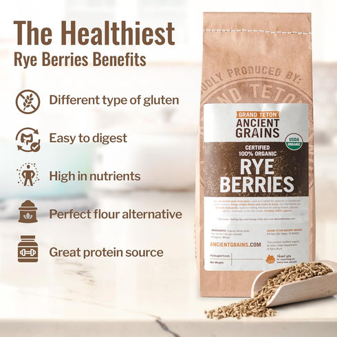 100% 5lbs Grand Teton Ancient Grains - USDA Organic Rye Berries, Rye Berry Grain, Rye Grain Organic Excellent