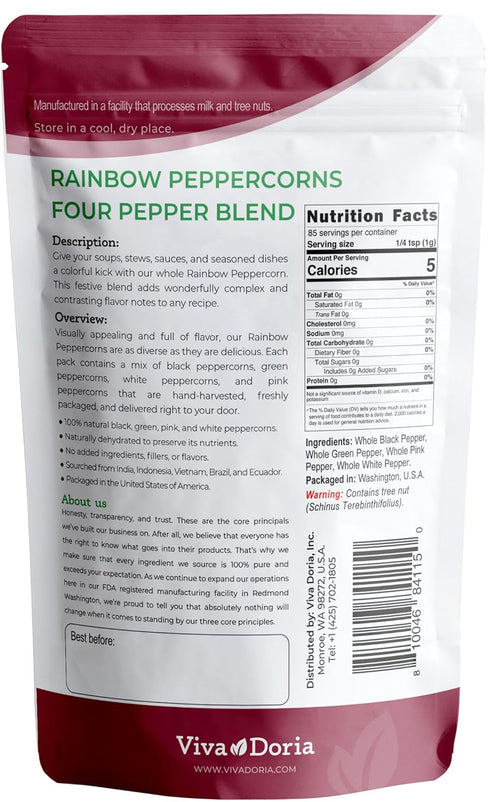 Viva Doria Rainbow Peppercorns, Four Peppercorn Blend, Whole Black, Green, Pink and White, 6 Oz