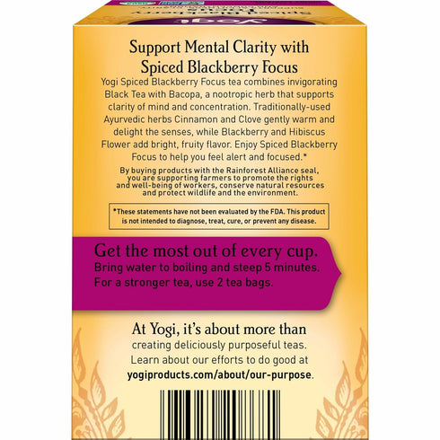 16 (Pack 6) Yogi Spiced Blackberry Focus Tea, Vegan Friendly, Kosher, USDA Certified Organic, Non-GMO, Tea Bags