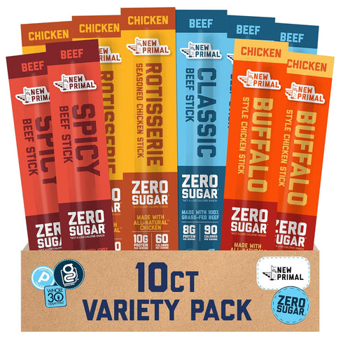New Primal Meat Sticks Sampler, Grass-Fed Beef, All Natural Chicken, Keto &