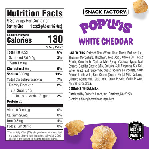 9 Oz Snack Factory Pop'ums White Cheddar Pretzel Snacks, Bag