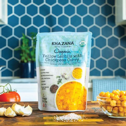 (Pack 1, 10oz 90 Khazana Organic Ready to Eat Meals - Yellow Lentils with Chickpeas Curry of Pouches) - Non-GMO, Vegan