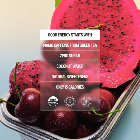 140MG 12 Oz, Pack 12 GURU ZERO SUGAR Dragon Fruit Cherry Sorbet Organic Energy Drink with Plant Based Natural Caffeine
