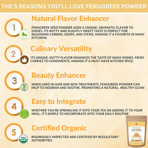 SPICY ORGANIC Fenugreek Powder - 8 OZ - USDA Certified Organic - Freshly Ground Indian Fenugreek Seeds for Hair, Tea & Robust Seasoning Spice in Cooking