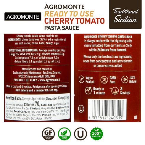 Agromonte Authentic Italian Cherry Tomato Pasta Sauce (Classic) - 11.64oz (2 Pack) - Certified Kosher, Gluten-Free