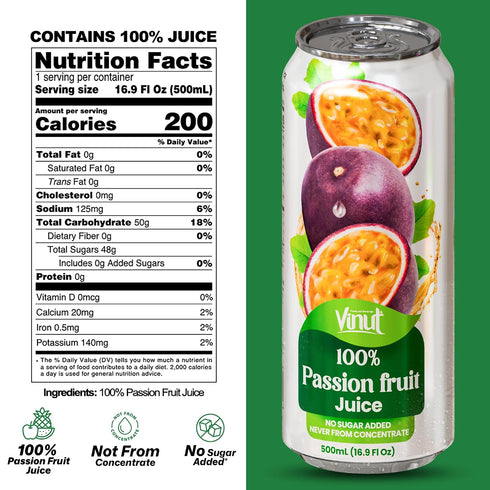 100% 16.9 oz (500 mL) Pack 6 VINUT Passion Fruit Juice, No Added Sugar, Not From Concentrate, fl Can