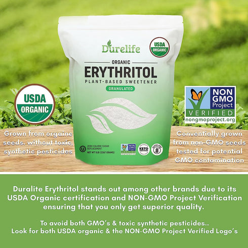 5 LB Durelife USDA organic erythritol sweetener, non gmo verified, Keto certified, No After Taste, Kosher, Zero Calorie