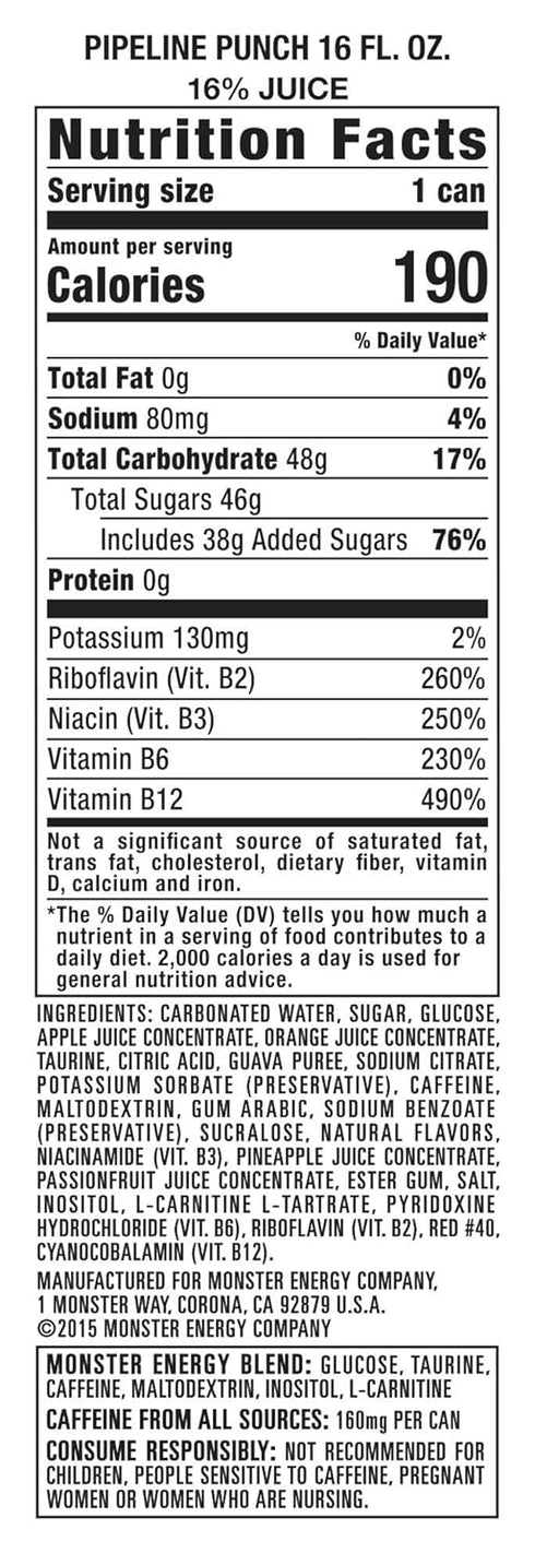 16 Pack 15 Monster Energy Juice Pipeline Punch, Energy Drink, Ounce | Energy + Juice