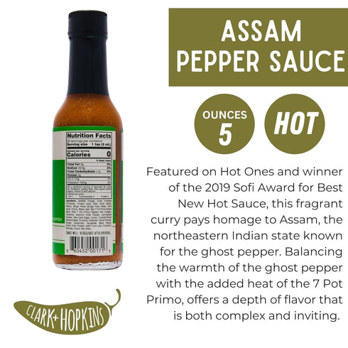 7 5 (2 Pack) Clark + Hopkins Assam Pepper Sauce, Ghost Pepper Curry and Pot Primo Chili Flavored Hot Sauce, Traditional