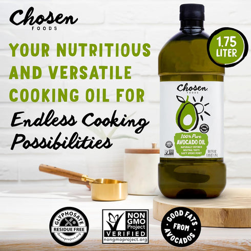 100% 1.75L Chosen Foods Pure Avocado Oil for Cooking - - Made With Good Fats from Avocados, Naturally Refined, Never