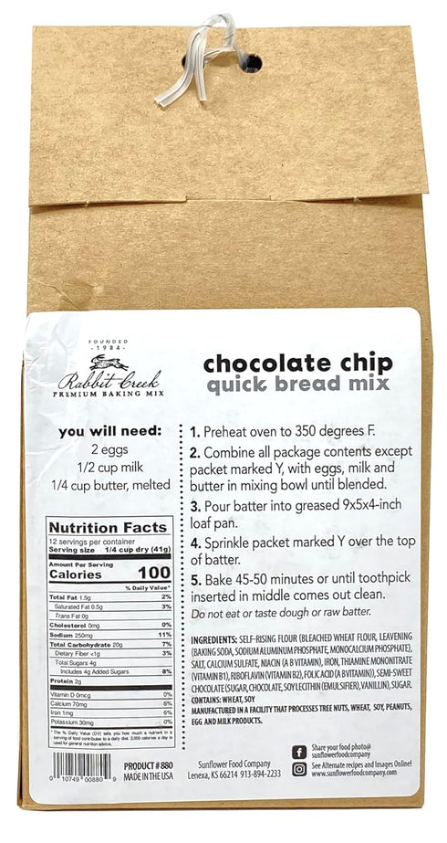 Rabbit Creek Chocolate Chip Quick Bread Mix Easy To Make Chocolate Chip Quick Bread Mix, Made in the USA, Chocolate