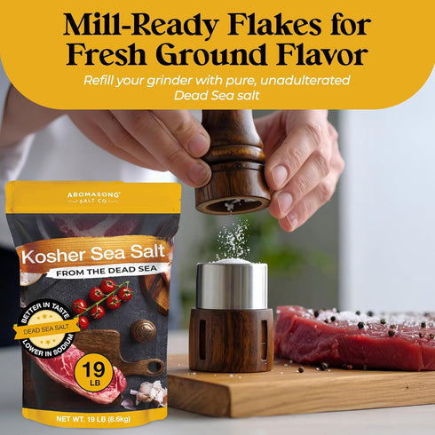 100% 19 Lb, Aromasong Natural Sea Salt from the Dead Sea Food Grade Kosher Salt Grain, Gluten Free Unrefined, Grinder