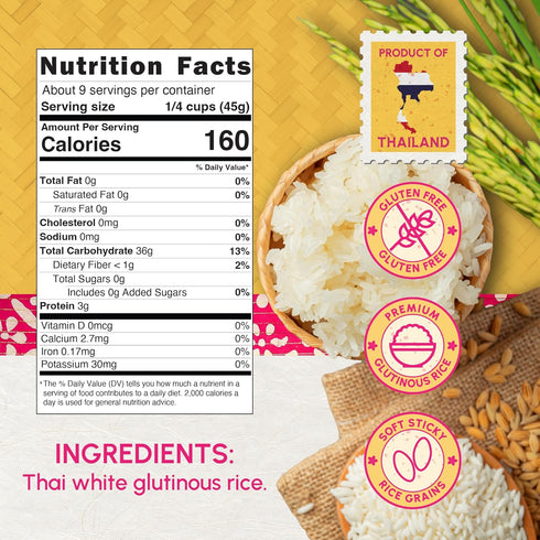 East and Else 15 oz Thai Sticky Rice (Sweet Rice), Resealable Bag, Authentic Soft Glutinous White Rice Perfect