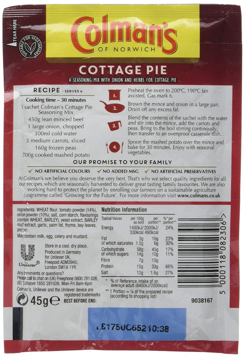 Colman's Cottage Pie perfect with creamy mashed potato Recipe Mix quick to prepare pie mix 45 g
