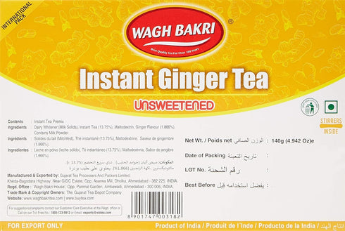 Wagh Bakri Instant Ginger Tea, Unsweetened, 140g, 10 Sachets (4.94 Oz)