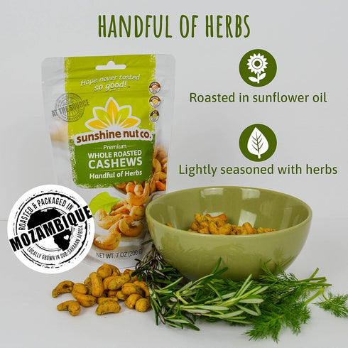 7 oz. Packs Sunshine Nut Company Whole Roasted Lightly Salted Cashews, Handful of Herbs Flavor, Single Bag, Gluten