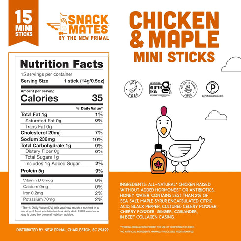 5g 35 15 Pack The New Primal Snack Mates Chicken & Maple Sticks, Gluten Free Healthy Snacks for Kids, Low Sugar High