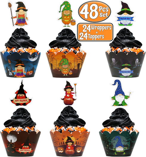 Halloween Cupcake Wrappers | 48 Pcs Set (24 Wrappers + 24 Toppers) | Halloween Gnomes Cupcake Wrapper Set | Halloween Party Decorations Baking | Spooky Gnomes Cupcake Wrappers & Toppers | by Anapoliz by AnapoliZ