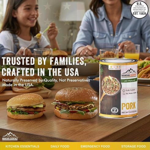 14.5 oz 5-Year Pack 1 MOUNTAIN ESSENTIALS Canned Pork Fully Cooked, Ready to Eat Pantry Staple Meat for Everyday Meals