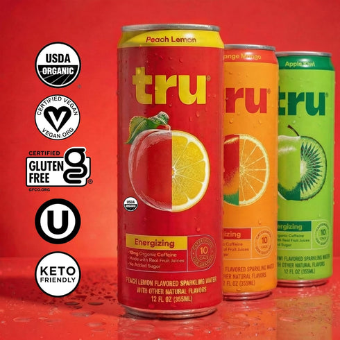 Pack, 3 12 Oz (Pack 12) Tru Organic Energy Drink Variety Caffeinated Sparkling Water with Real Fruit Juice, Flavors