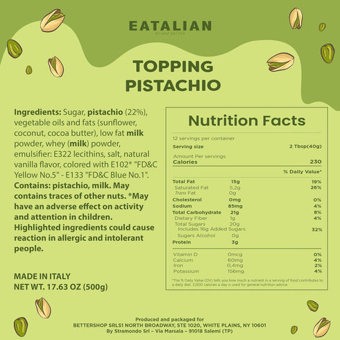 17.63 oz/ 500g EATALIAN by AMZ BETTER Pistachio Flavoured Topping, Sweet Protein Cream in Squeezer, Made in Italy