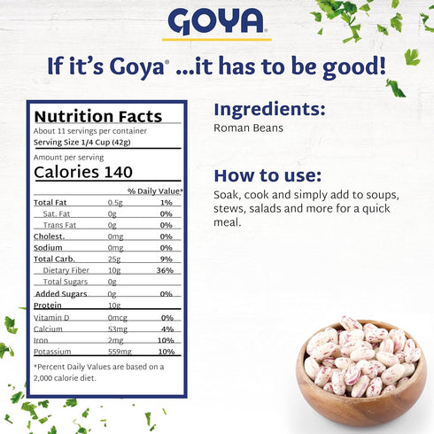 Pack 2 (16 oz Goya Dried Roman Beans, Creamy and Smooth Frijoles Romanos, Pantry Staple, of Bags)