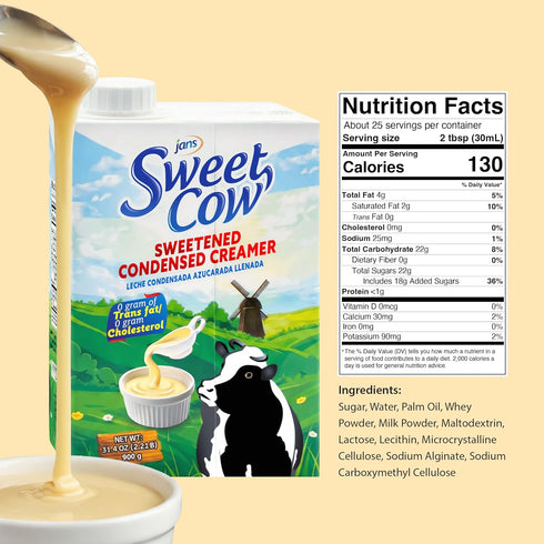 31.4 oz Jans Sweet Cow Sweetened Condensed Milk Resealable Tetrapak, Shelf Stable Creamy Coffee Creamer for Baking