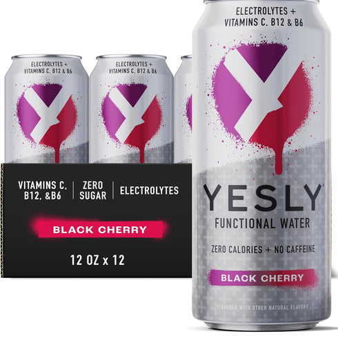 Yesly Functional Water, Black Cherry, Naturally Flavored Still Water with Electrolytes, Magnesium,