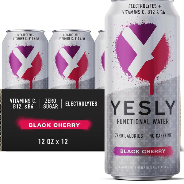 Yesly Functional Water, Black Cherry, Naturally Flavored Still Water with Electrolytes, Magnesium,