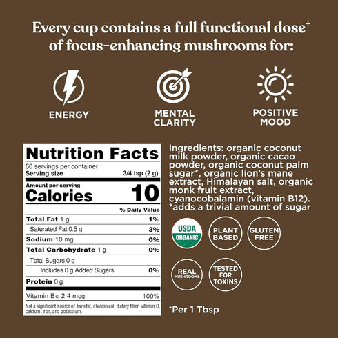 B12 4.23 oz (Pack 2) Four Sigmatic Focus Chocolate Coffee Creamer | Organic Non Dairy Coffee Creamer with Lions Mane