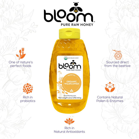 BLOOM PURE RAW HONEY 100% 32oz) Bloom Honey Pure Organic Raw Unfiltered and Unpasteurized Raw Honey (WILDFLOWER