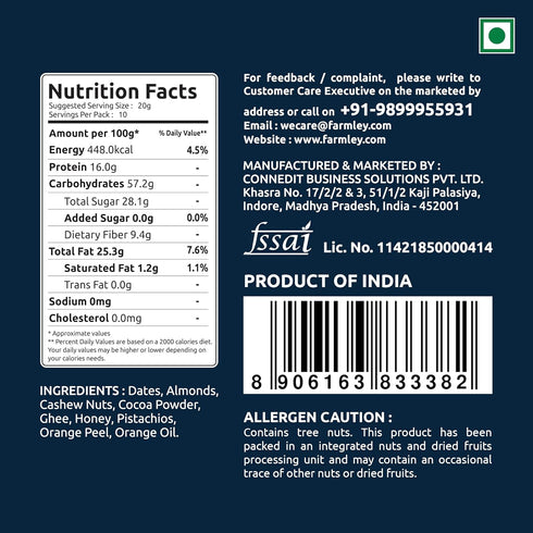 Farmley 200 (Pack 10, 7.05 Oz) Date Bites Protein Bars Dark Choco Orange | Energy Bars with No Added Sugar | Dry