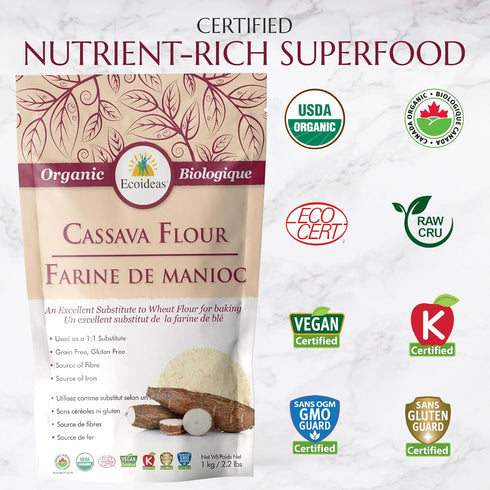 1000g Ecoideas Organic Cassava Flour Gluten-Free, Grain-Free, Non-GMO Ideal for Baking and Cooking High Fiber