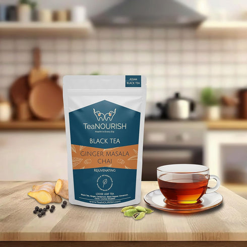 TeaNOURISH Ginger Masala Chai Tea, Assam CTC Loose Black Tea with Authentic Indian Spices, 3.53oz