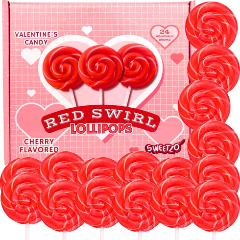 24 Count Red Swirl Lollipops, Classic Hard Candy Suckers, Individually Wrapped Sweet Treats for Snacking, Parties