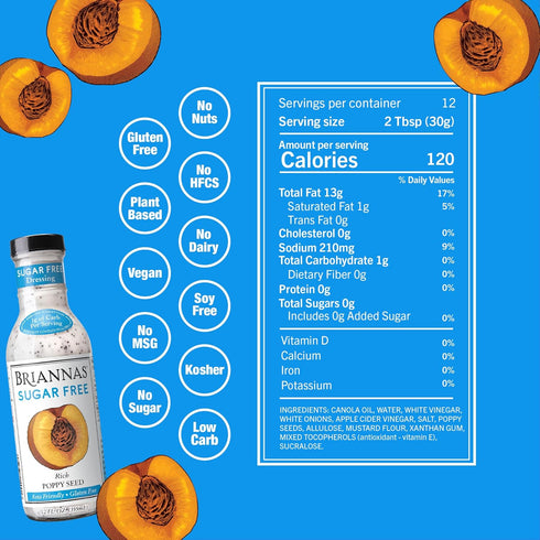 12 oz. BRIANNAS - Sugar Free Rich Poppy Seed Dressing - Lower Calorie Salad Dressing made with Premium Ingredients
