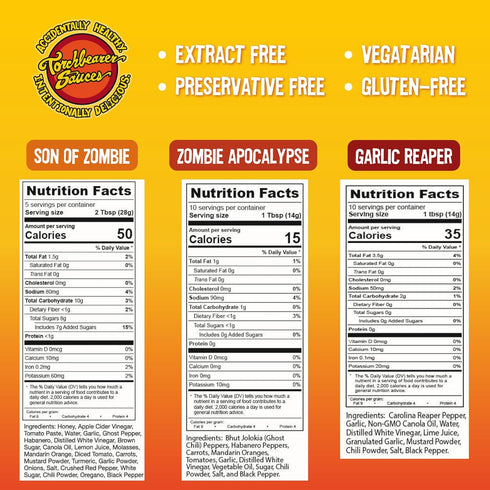 Set, 5 Oz Torchbearer Sauces Hot Sauce Bundle Each: Zombie Apocalypse, Garlic Reaper, & Son of Zombie